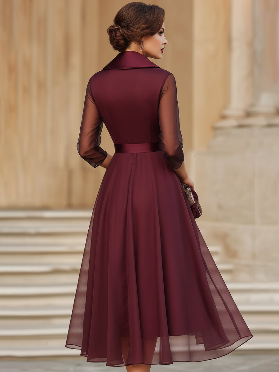 Elegant Wrap Midi Dress With Sheer Sleeves – Midi Dress For Women