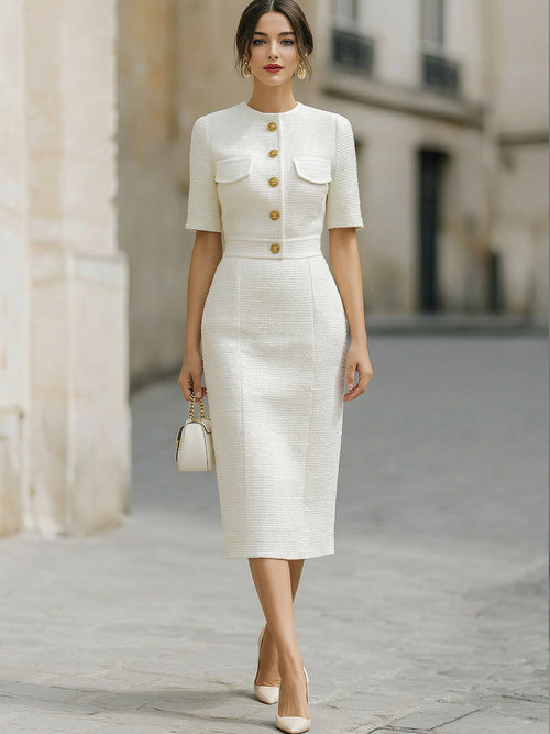 Elegant Tweed Gold Button Detail Midi Pencil Dress