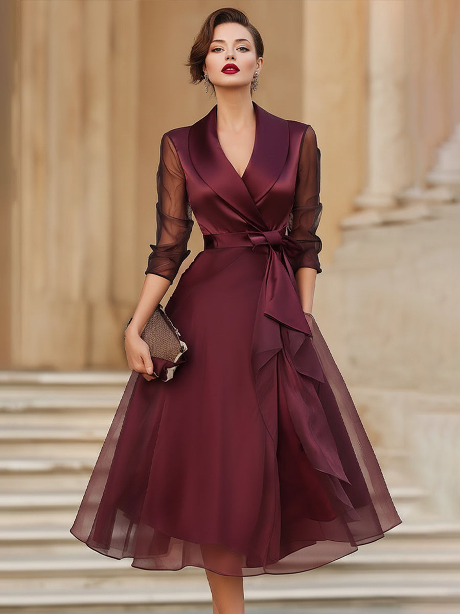 Elegant Wrap Midi Dress With Sheer Sleeves – Midi Dress For Women