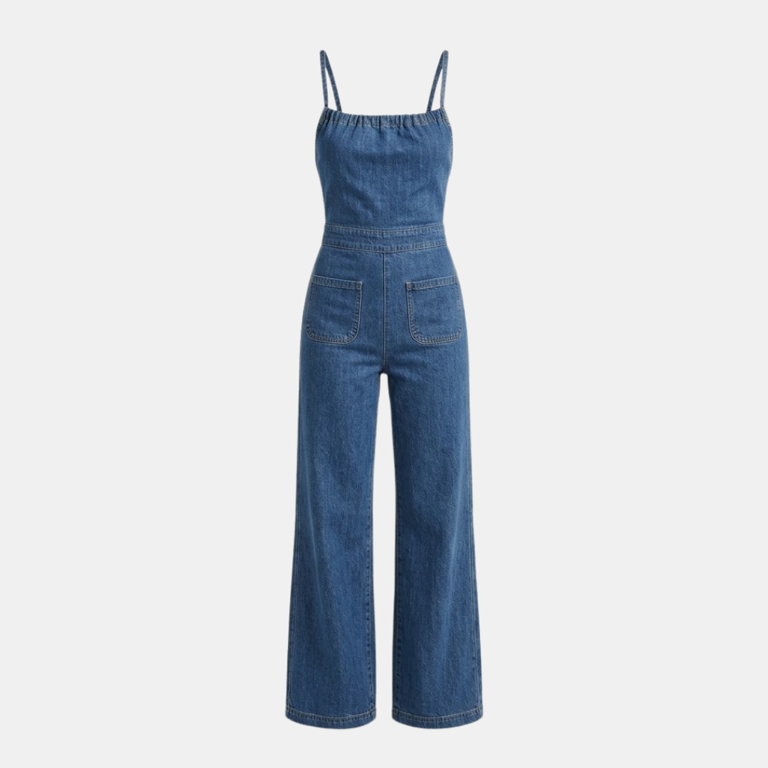 Women's Flared Tie Back Wide Leg Denim Jumpsuit