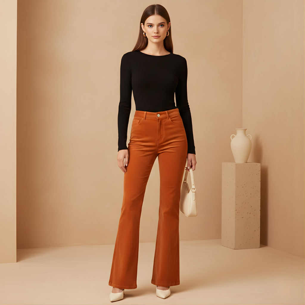 Women's All Season Flared Pants with High Waist and One Button