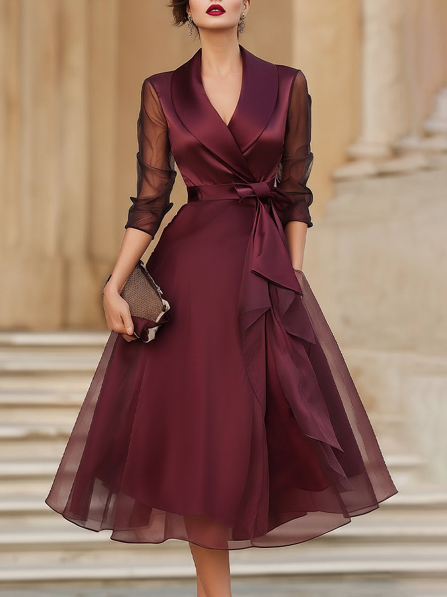 Elegant Wrap Midi Dress With Sheer Sleeves – Midi Dress For Women