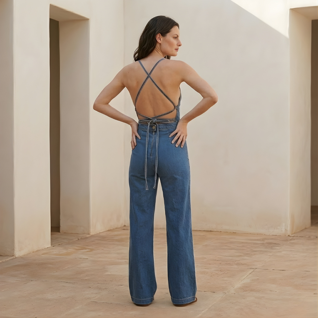 Women's Flared Tie Back Wide Leg Denim Jumpsuit