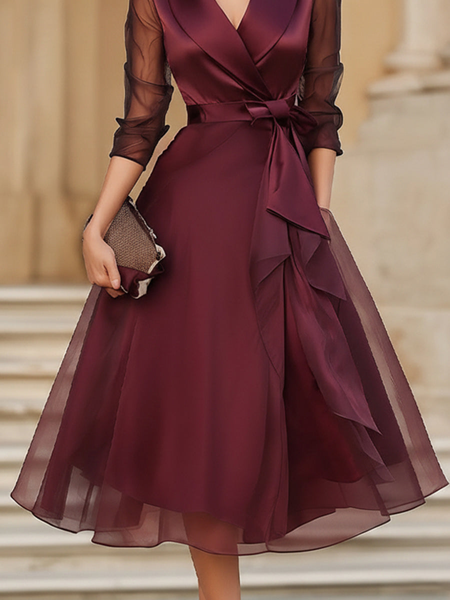 Elegant Wrap Midi Dress With Sheer Sleeves – Midi Dress For Women