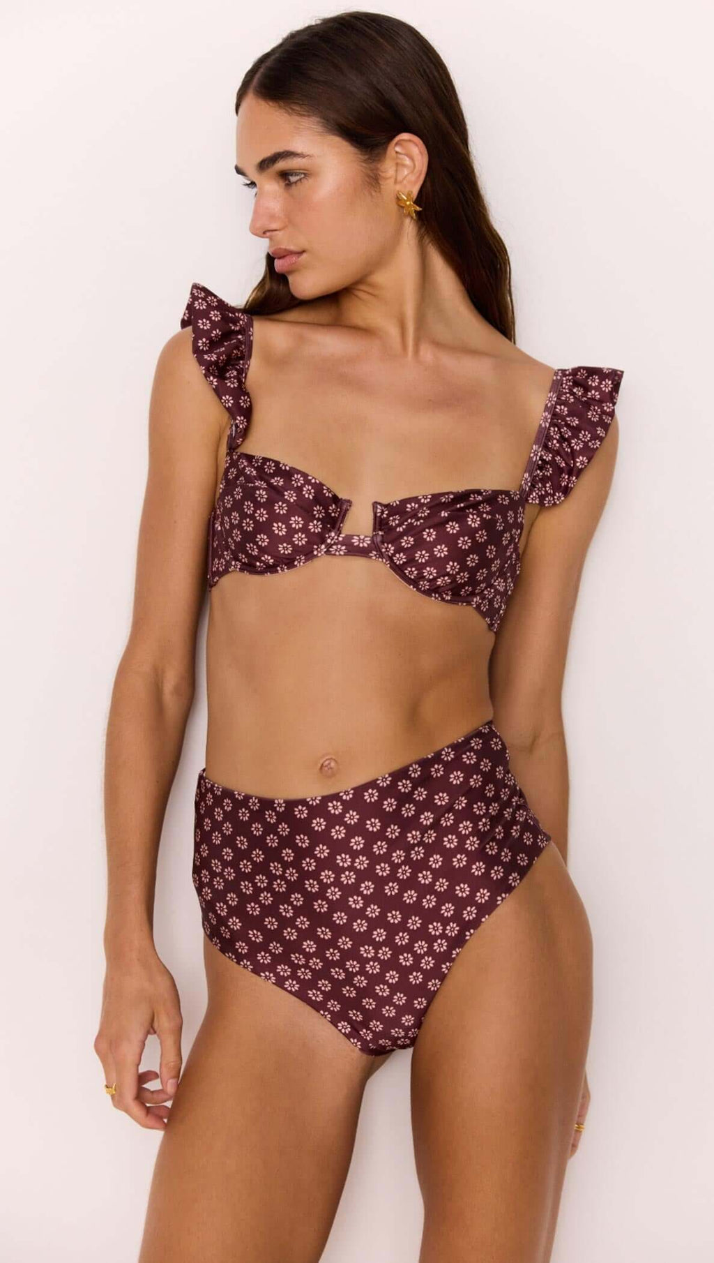 Underwire Bra Bikini Top with Ruffle Straps in Burgundy Floral Print