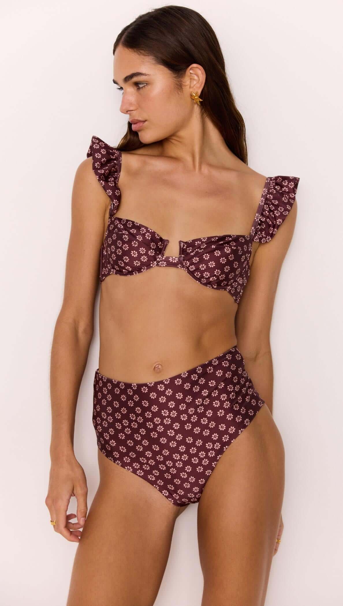 Underwire Bra Bikini Top with Ruffle Straps in Burgundy Floral Print