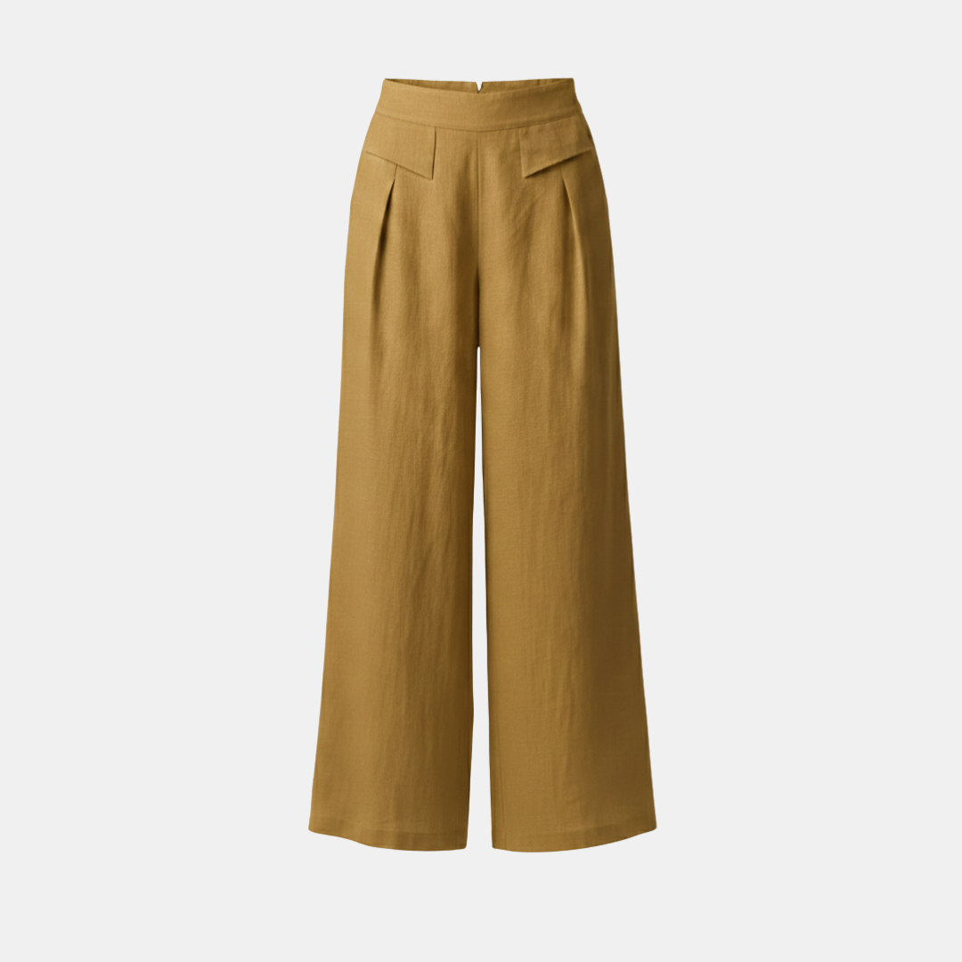 Liam - Stones Plain Color Cotton Linen High Waist Wide Leg Pants With Pockets