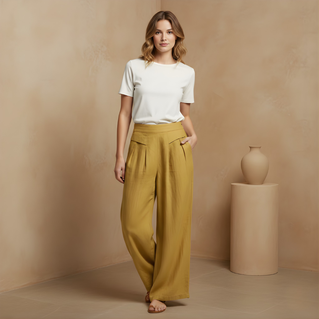 Liam - Stones Plain Color Cotton Linen High Waist Wide Leg Pants With Pockets