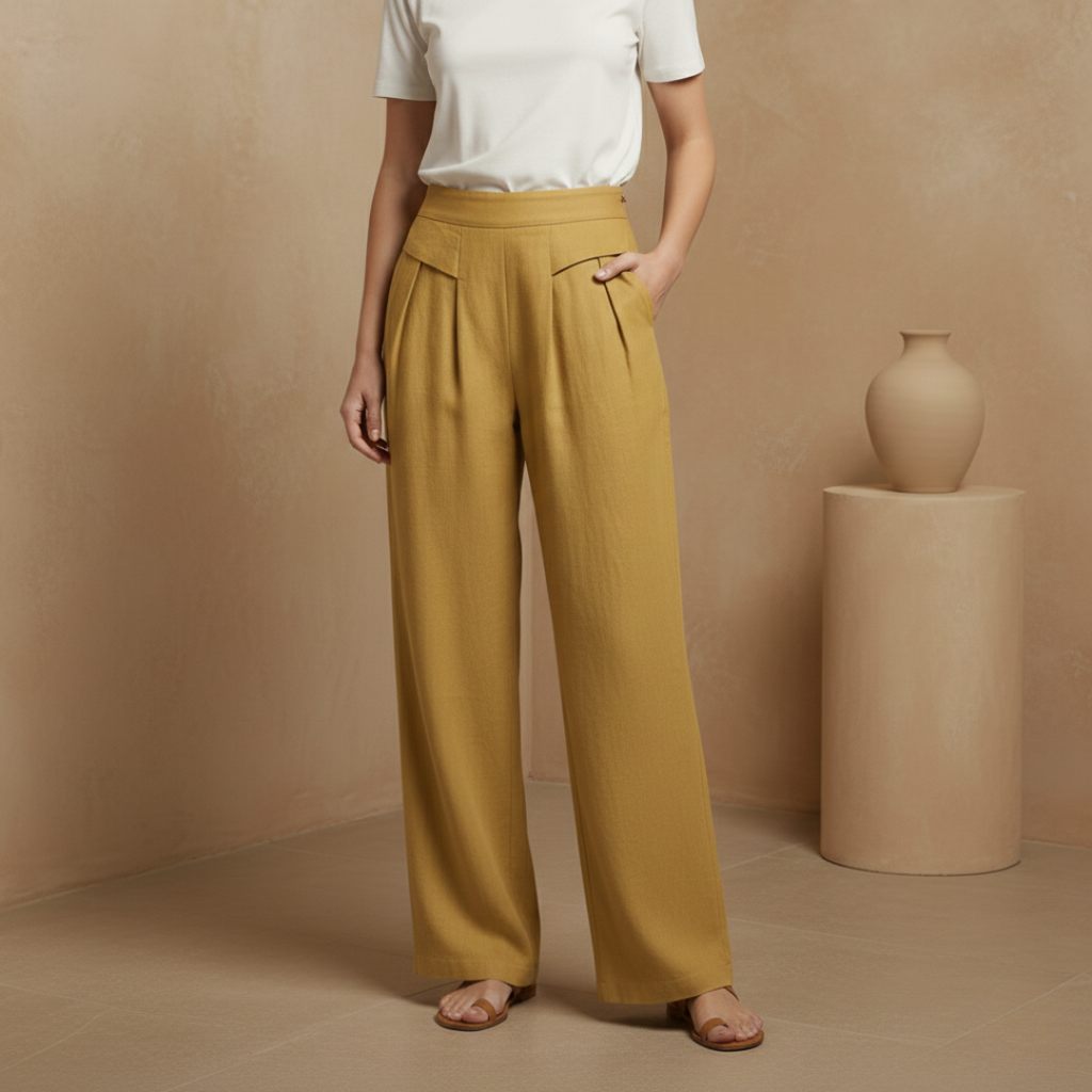 Liam - Stones Plain Color Cotton Linen High Waist Wide Leg Pants With Pockets