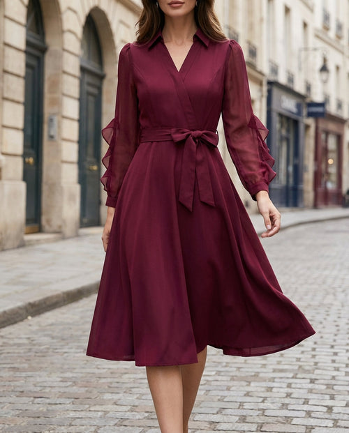 Elegant Wrap Midi Dress With Sheer Sleeves – Midi Dress For Women