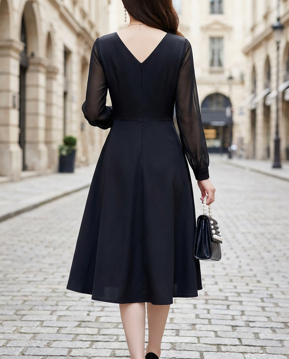 Elegant Wrap Midi Dress With Sheer Sleeves – Midi Dress For Women
