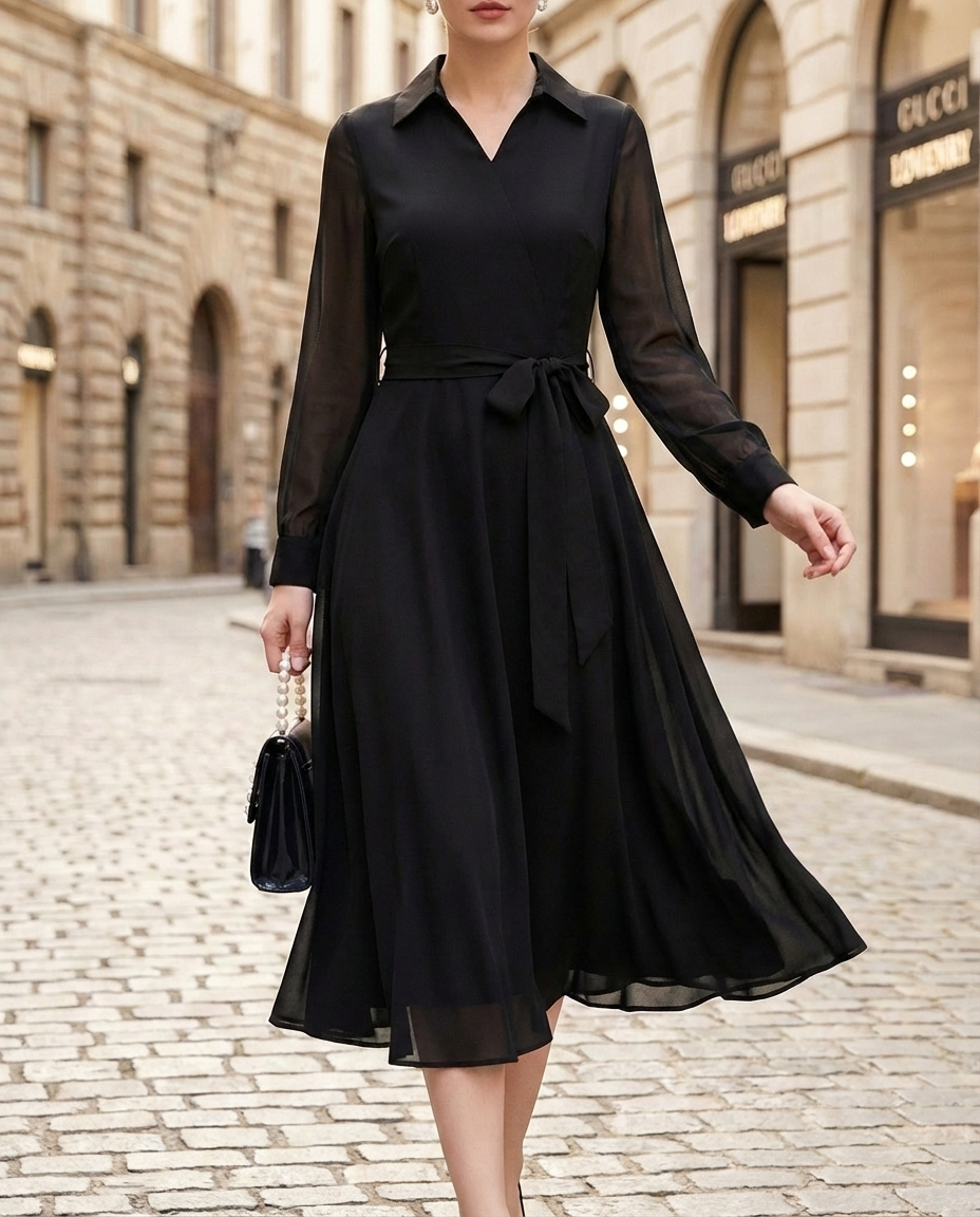 Elegant Wrap Midi Dress With Sheer Sleeves – Midi Dress For Women